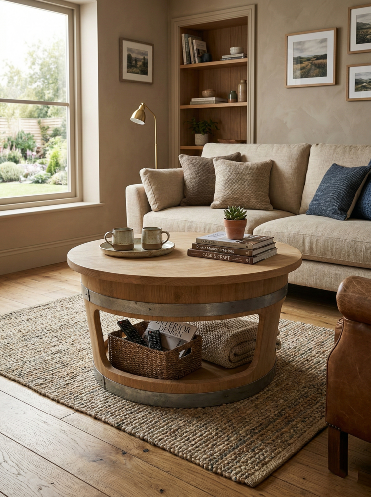 Table basse tonneau 3 ouvertures en chêne massif